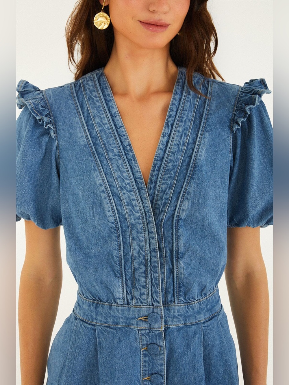 Farm Rio: Denim Ruffled Puff Sleeve Romper - Picture 4 of 10